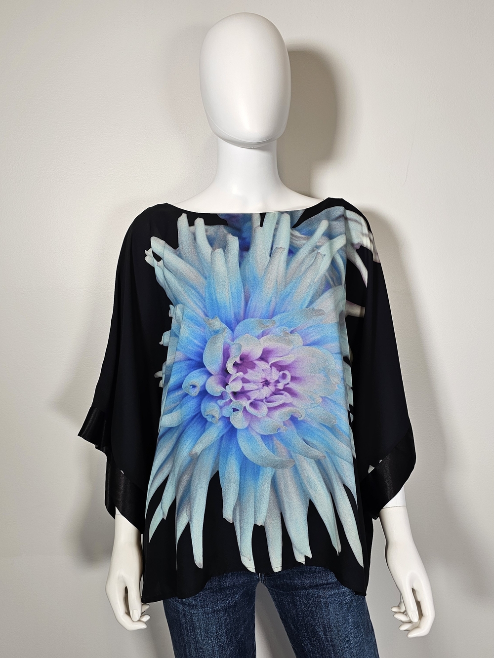 Flowy Black Top with Blue-Purple Floral Print